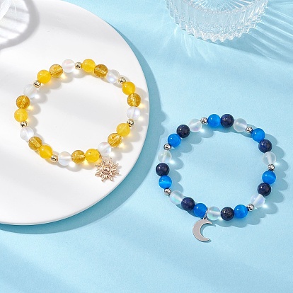 2шт. 304 браслеты с подвесками из нержавеющей стали и латуни, Женские эластичные браслеты из натуральных и синтетических смешанных драгоценных камней и круглых бусин кошачьего глаза, амулеты луны и солнца