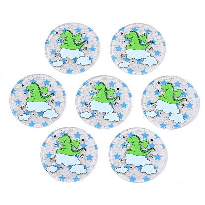 Transparent Printed Acrylic Pendants, with Glitter Powder, Flat Round with Dinosaur