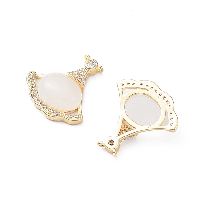 Rack Plating Brass Pave Clear Cubic Zirconia Pendants, Fan Charms with Shell, Long-Lasting Plated