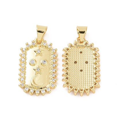 Rack Plating Brass Micro Pave Clear Cubic Zirconia Pendants, Rectangle with Star & Moon Charms