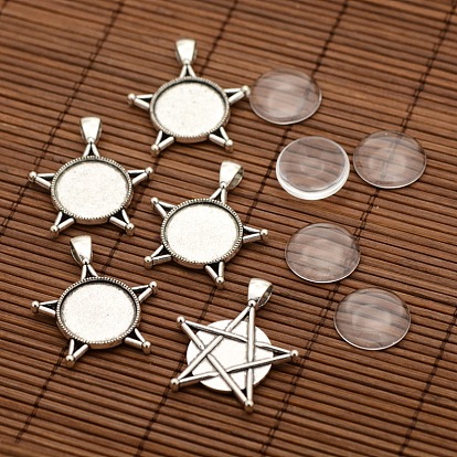 Supports alliage pendentif cabochon de lunette de style tibétain, étoile et cabochons en verre plats ronds transparents, plateau: 20 mm, 40x34x3 mm, trou: 5 mm, cabochons de verre: 20x5.5 mm