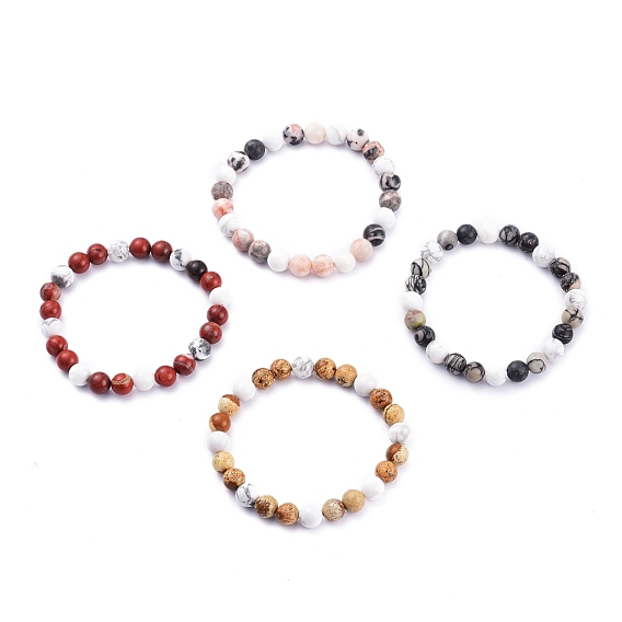 Round Natural Gemstone & Synthetic Howlite Beaded Stretch Bracelets