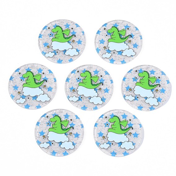 Transparent Printed Acrylic Pendants, with Glitter Powder, Flat Round with Dinosaur
