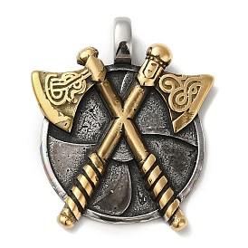 Viking 304 Stainless Steel Pendants, Flat Round with Double Axe Charm