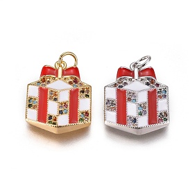 Brass Cubic Zirconia Pendants, with Enamel and Jump Ring, Christmas Gift Box, Red