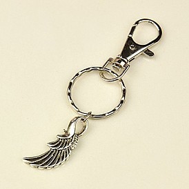 Tibetan Style Wing Keychain, with Iron Key Clasp Findings and Alloy Swivel Clasps, Antique Silver, 90mm