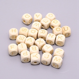 Natural Xanthorroea Wood Beads, Dice with Letter A~Z, Laser Engraved