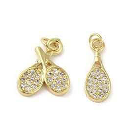 Rack Plating Brass Micro Pave Cubic Zirconia Pendants, Racket, Long-Lasting Plated, Cadmium Free & Lead Free, with Jump Ring