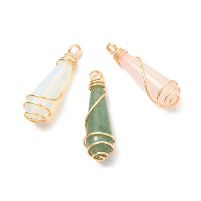 Pendentifs de pierres précieuses naturelles et synthétiques, avec du vrai fil de cuivre écologique plaqué or 18k, larme