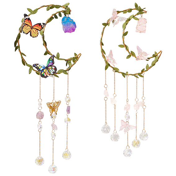 2шт. 2 стили железные и акриловые и из искусственной кожи солнцезащитные очки, с круглыми стеклянными подвесками и натуральным розовым кварцем и натуральными аметистовыми крошками, бабочка и луна