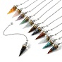 Resin Dowsing Pendulum Pendants with Natural & Synthetic Gemstone Chips inside and Iron Chain & Alloy Caps, Cone Charms