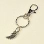 Tibetan Style Wing Keychain, with Iron Key Clasp Findings and Alloy Swivel Clasps, Antique Silver, 90mm