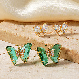 Shiny and Simple Brass Butterfly Stud Earrings, with Sparkling Rhinestone, Golden