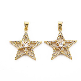Brass Micro Pave Cubic Zirconia Pendants, Nickel Free, Star