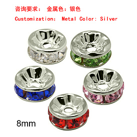 Brass Rhinestone Spacer Beads, Grade AAA, Straight Flange, Nickel Free, Silver Metal Color, Rondelle