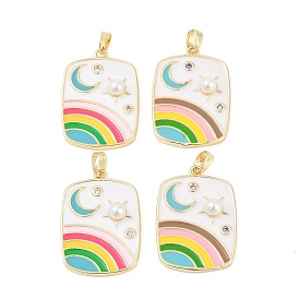 Латунные эмалевые подвески, со стразами и искусственного абс жемчуг, реальный 18 k позолоченный, стойки покрытие, без свинца и без кадмия, прямоугольник с радугой и луной