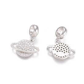 Brass Micro Pave Cubic Zirconia European Dangle Charms, Large Hole Pendants, Planet, Clear
