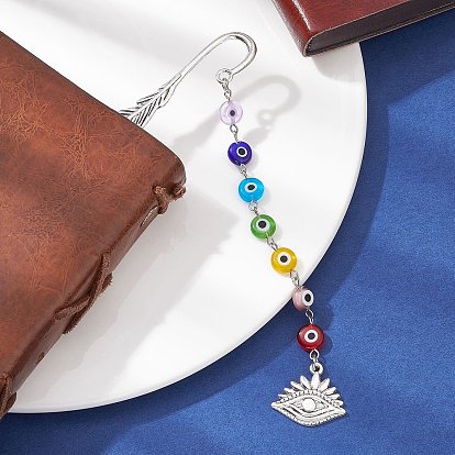 Handmade Lampwork Evil Eye Beaded Pendant Bookmarks, Alloy Feather Bookmark