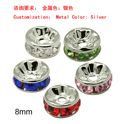 Brass Rhinestone Spacer Beads, Grade AAA, Straight Flange, Nickel Free, Silver Metal Color, Rondelle