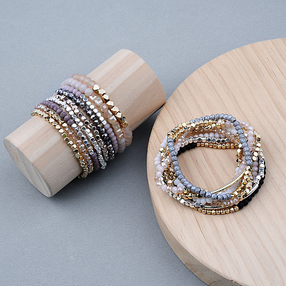 Gold-tone Miyuki Elastic Crystal Beaded Bracelet with Acrylic Tube Beads