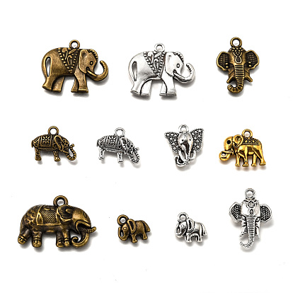 Tibetan Style Alloy Pendants, Elephant, 11~64.5x11~50x2~9mm, Hole: 2~7x10mm