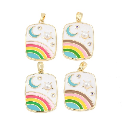Латунные эмалевые подвески, со стразами и искусственного абс жемчуг, реальный 18 k позолоченный, стойки покрытие, без свинца и без кадмия, прямоугольник с радугой и луной
