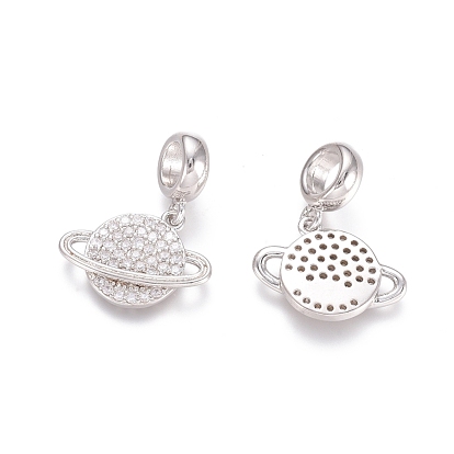 Brass Micro Pave Cubic Zirconia European Dangle Charms, Large Hole Pendants, Planet, Clear