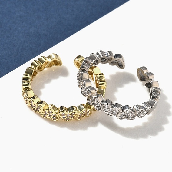 Латунные микро проложить манжеты кольца кубического циркония, сердце, долговечный, стойки покрытие, без свинца и без кадмия