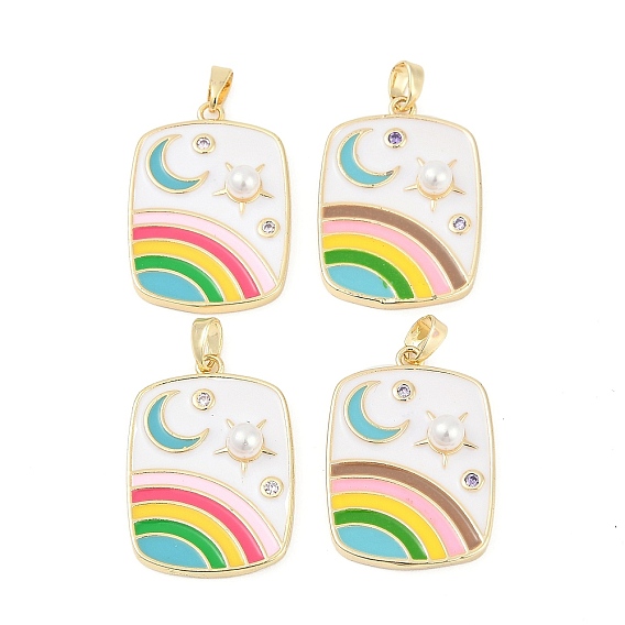 Латунные эмалевые подвески, со стразами и искусственного абс жемчуг, реальный 18 k позолоченный, стойки покрытие, без свинца и без кадмия, прямоугольник с радугой и луной