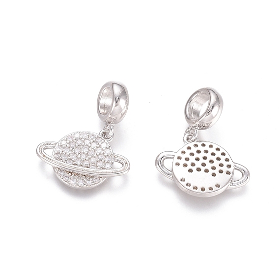 Brass Micro Pave Cubic Zirconia European Dangle Charms, Large Hole Pendants, Planet, Clear
