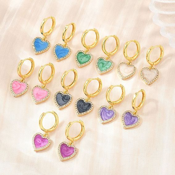 Boucles d'oreilles créoles pendantes en laiton serties de micro-pavés de zirconiums cubiques, cœur, avec l'émail, sans plomb et sans cadmium, crémaillère plaquage, plaqué longue durée, réel 18 k plaqué or