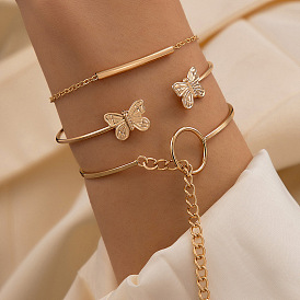 Metal Punk Chain Bracelet Set with Butterfly Open Cuff and Bangle - 3 Pieces