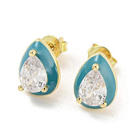Teardrop Real 18K Gold Plated Brass Stud Earrings, with Cubic Zirconia and Enamel