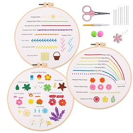 DIY Embroidery Stitches Practice Kit for Beginners, Included Plastic Embroidery Hoop, Needle, Threads, Cotton & Linen Fabric