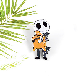 Cartoon Character Hugging Skull Alloy Brooch for Halloween Costume Accessories
