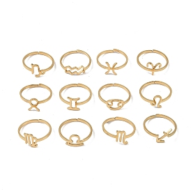 Real 18K Gold Plated 304 Stainless Steel Adjustable Finger Ring, Twelve Constellations Open Cuff Rings for Women