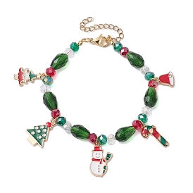 Christmas Tree & Snowman & Bell Alloy Enamel Charm Bracelets, Teardrop Glass Bracelets for Women