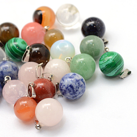 Round Gemstone Pendants, with Platinum Tone Brass Findings, 17~19x13~14mm, Hole: 2x7mm
