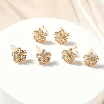 Серьги-гвоздики из латуни с микропаве из кубических цирконий в форме снежинки, без никеля , реальный 18 k позолоченный