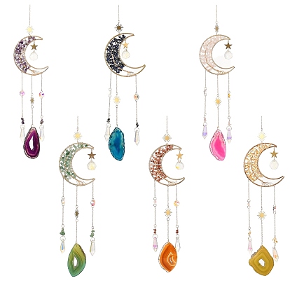 Луна из драгоценных камней в проволочной обертке с подвесками «Древо жизни», стеклянный конус и ломтики натурального агата, ловцы солнца, подвесные украшения для окон с кисточками