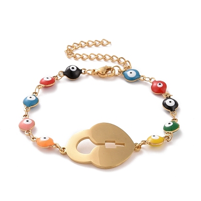 Вакуумное покрытие pvd 304 браслет из нержавеющей стали с замком в форме сердца и разноцветными эмалевыми цепочками от сглаза для женщин