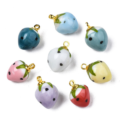 Handmade Porcelain Pendants, with Golden Plated Brass Findings, Famille Rose Style, 3D Strawberry