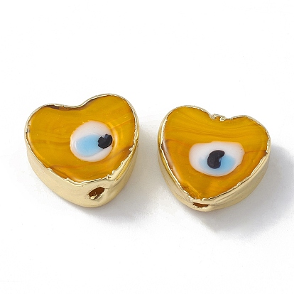 Brass Beads, with Enamel, Real 18K Gold Plated, Heart with Evil Eye