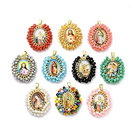 Rack Plating Brass Charms, Lead Free & Cadmium Free, Long-Lasting Plated, Oval with Virgen Mary Charms