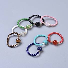 Gemstone Stretch Rings, with Glass Seed Beads