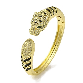 Brass Pave Clear & Green Cubic Zirconia Leopard Open Cuff Bangle for Women, with Black Enamel
