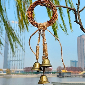 Rattan Circle Witch Bells for Door Knob Protection, Witch Wind Chimes Wreath Hanging Decor