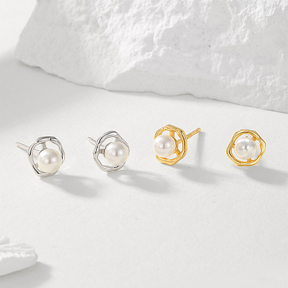S925 Sterling Silver Nuggets Stud Earrings, with Imitation Pearl