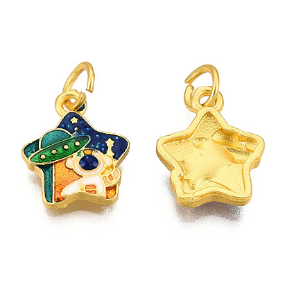Alloy Enamel Charms, Cadmium Free & Lead Free, with Glitter Powder and Jump Rings, Matte Gold Color, Star with Spaceman