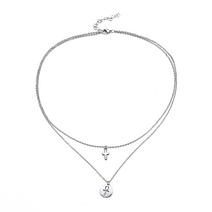 304 Stainless Steel Tiered Necklaces, with Cable Chains and Lobster Claw Clasps, Flat Round with Ankh Cross and Cross